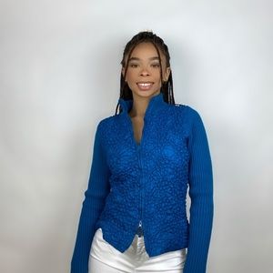 Vintage Blue Double Zipper Popcorn Sweater/Jacket
